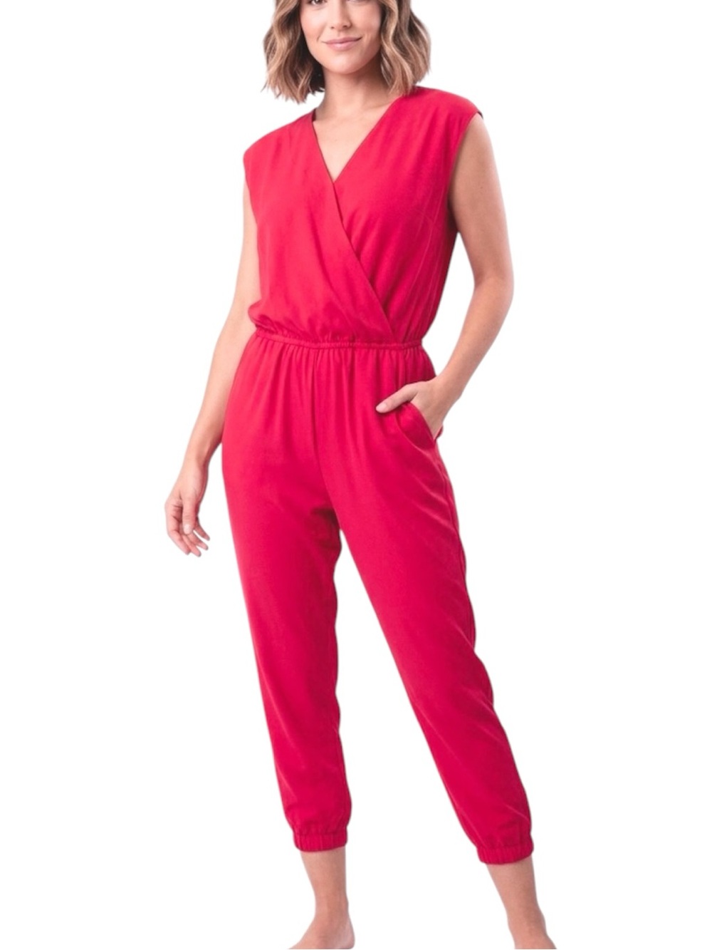 GUESS Hot Pink Fuchsia Jumpsuit Pantsuit Romper Sleeveless Capri V Neck Small